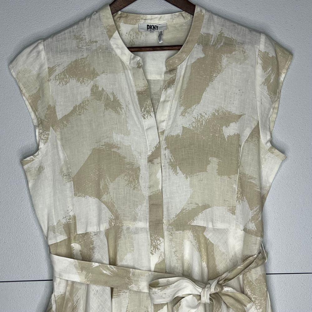 DKNY Dress Linen Tie Waist Beige White‎ Asymmetrical Hem Hidden Button Front 10 - Picture 7 of 14